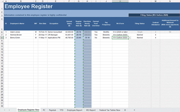 Payroll Calculator - Employee Register Worksheet