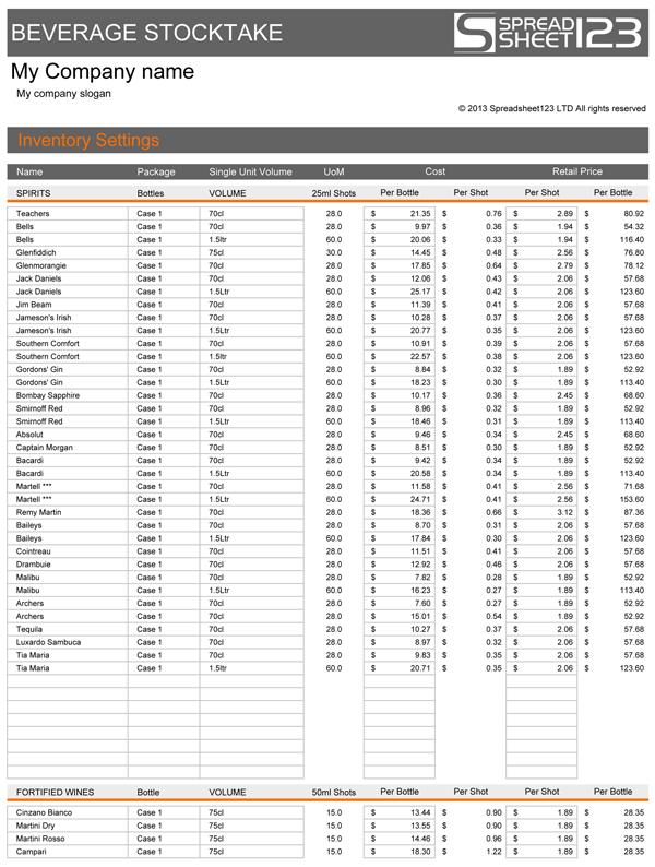 Beverage Stocktake Template for Excel