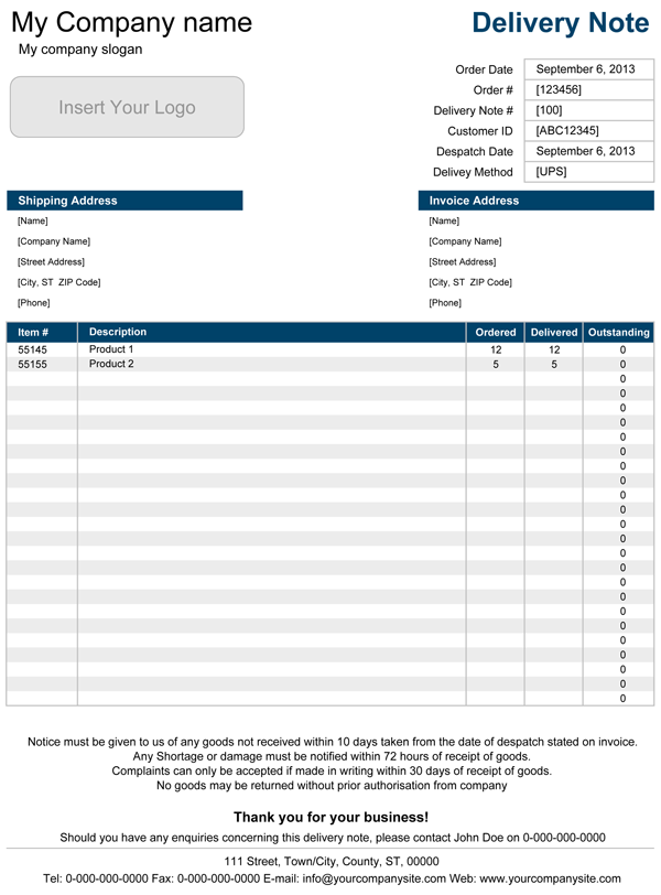 delivery note template for excel