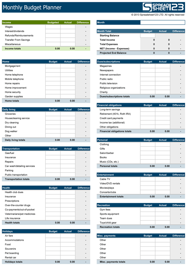 download sample of monthly household budget spreadsheet