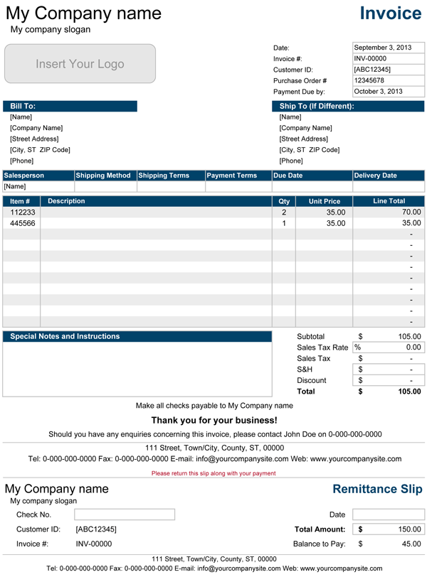 sales invoice excel template