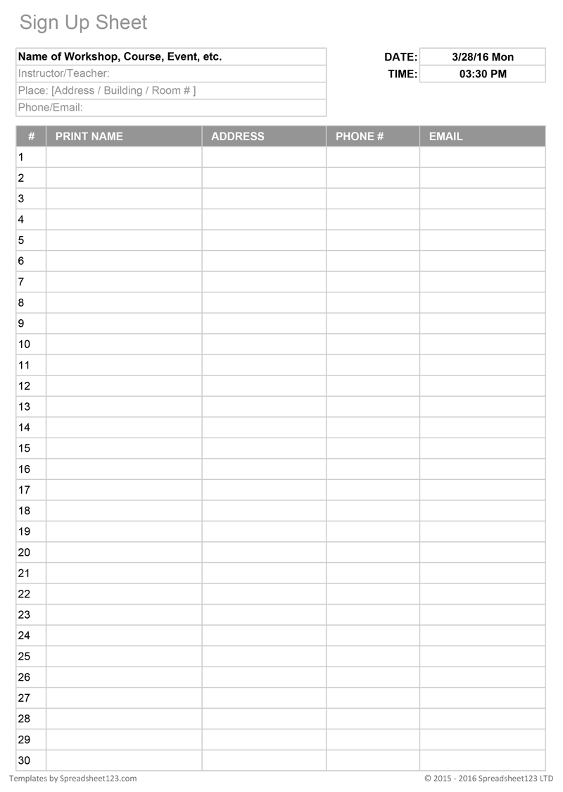 Free Sign Up Sheet Template Word