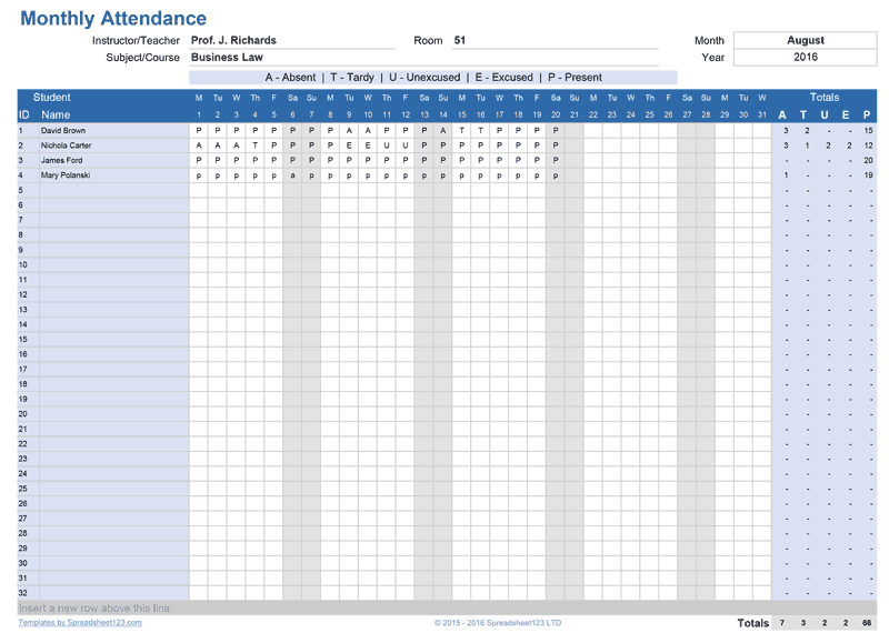 attendance spreadsheet template excel