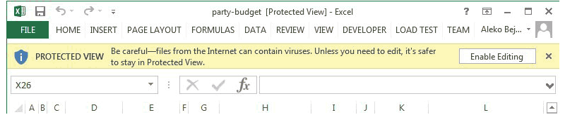 excel opening in protected view